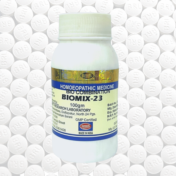 Image of Bio-Combination 23 Tablet bottle with tablets spilling out, emphasizing its effectiveness in treating oral health issues such as toothaches, gum bleeding, and swelling, and widely recommended by homoeopathic experts in India for strengthening tee