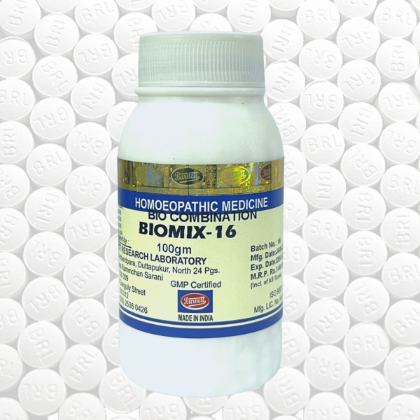 image of burnett's bio-combination 16 tablets, a popular homoeopathic medicine known for its antispasmodic and mood-boosting properties.