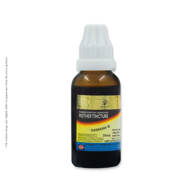 Damiana Mother Tincture Q, displayed in a 30 ml bottle, emphasises its use as a homoeopathic remedy for enhancing sexual performance, boosting vitality, and aiding digestion in traditional Indian medicine.